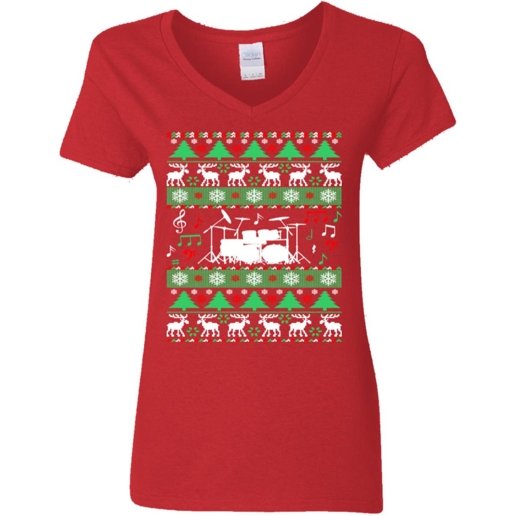 Drums Drummer Ugly Christmas Women V-Neck T-Shirt