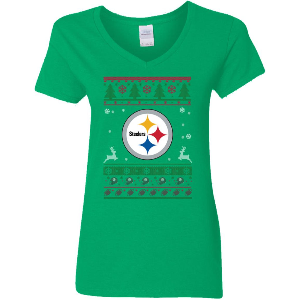 Pittsburgh Steelers Logo Football Teams Ugly Christmas Sweater Women V-Neck T-Shirt