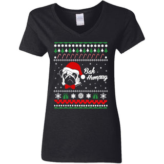 Bah Hum Pug Dog Christmas Women V-Neck T-Shirt