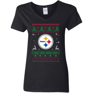 Pittsburgh Steelers Logo Football Teams Ugly Christmas Sweater Women V-Neck T-Shirt