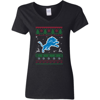Detroit Lions Logo Football Teams Ugly Christmas Sweater Women V-Neck T-Shirt